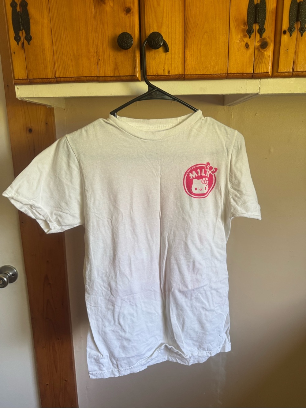 Sanrio White Tee with Pink Hello Kitty Milk Logo